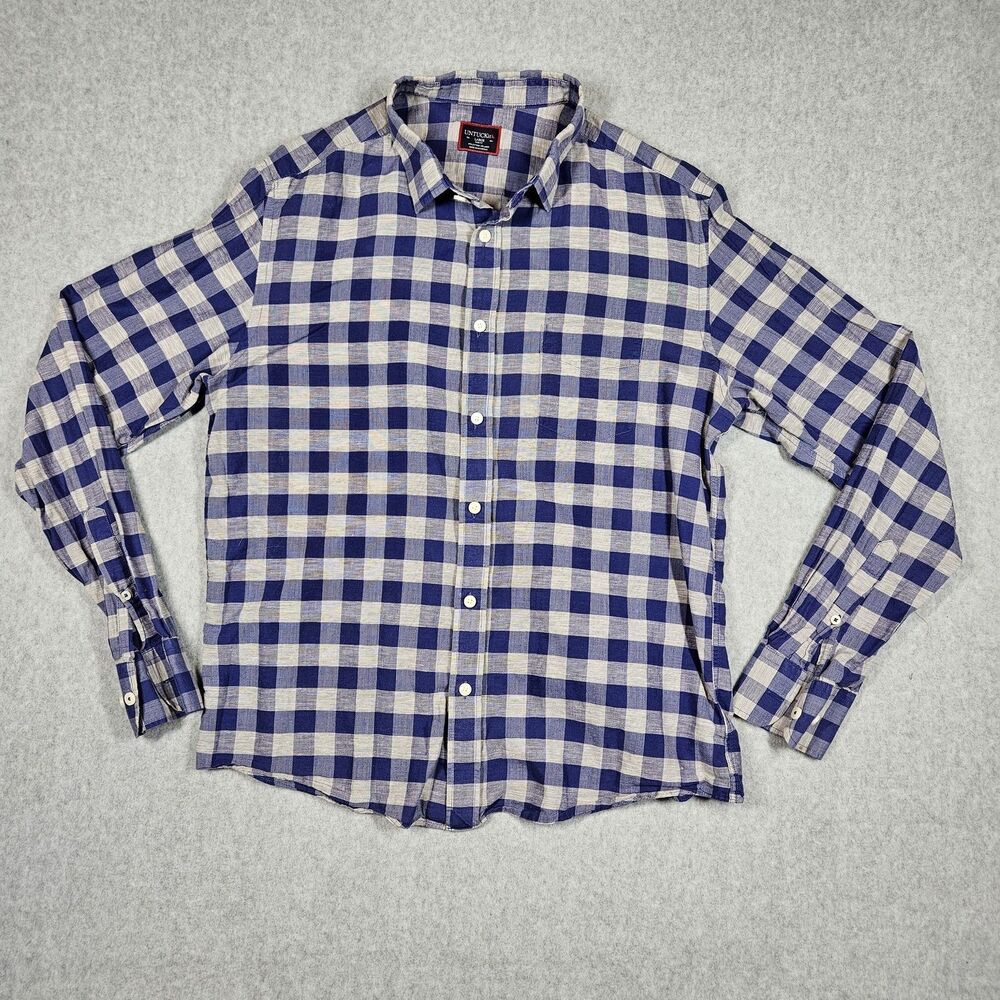 UNTUCKIT Men's Large Slim Fit Blue Beige Gingham Check Cotton Linen Button Down